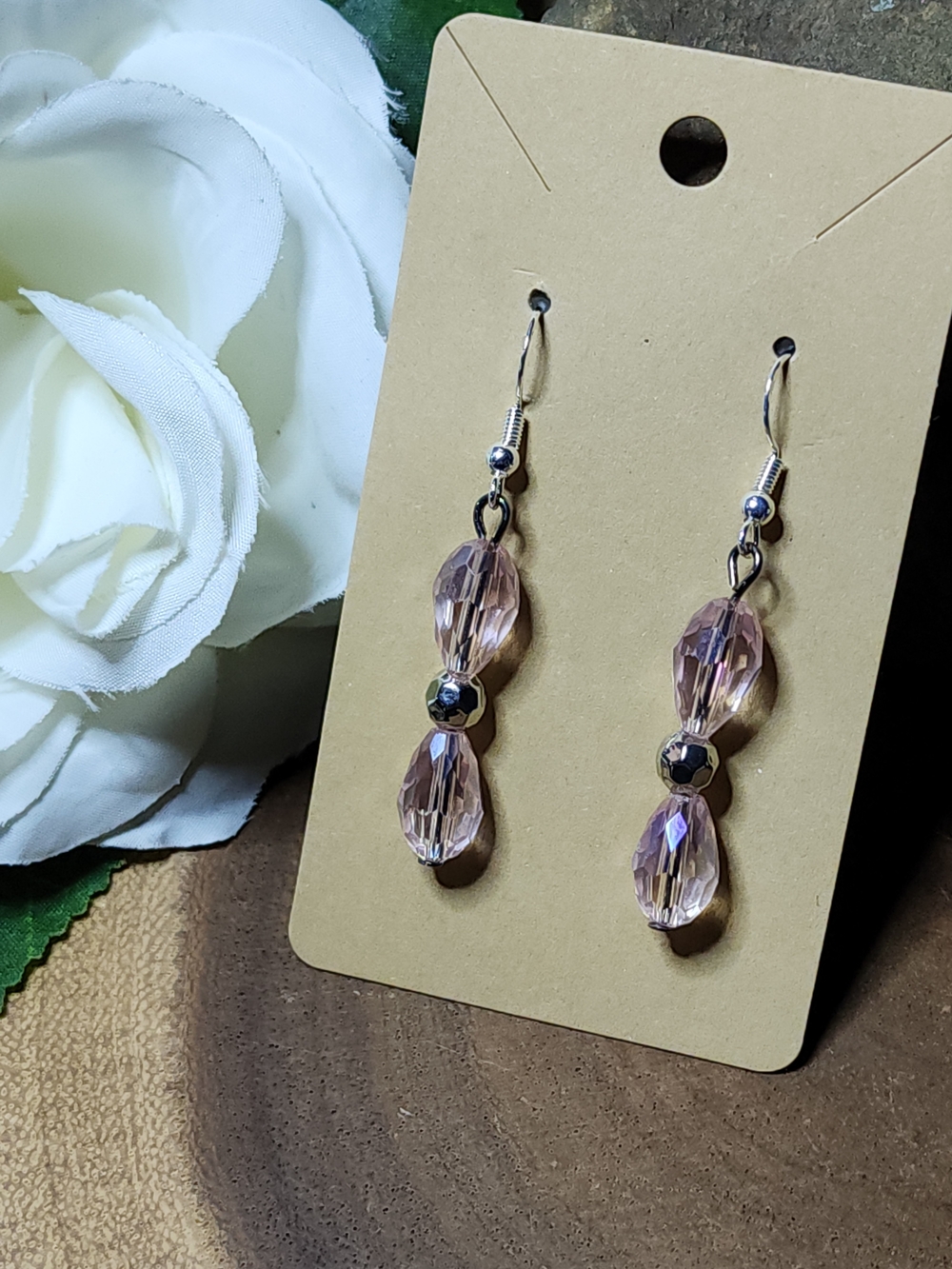 Hand Crafted Dangle Drop Earrings With Pink Faceted Crystal Beads